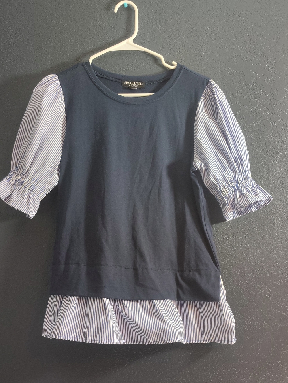 Layered Look Academia Navy Top with Blue-and-White Striped Puff Sleeves and Hem